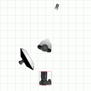 Key light is angled 45-60 degrees to left of the camera. Back light is out of the frame above and behind the subject.